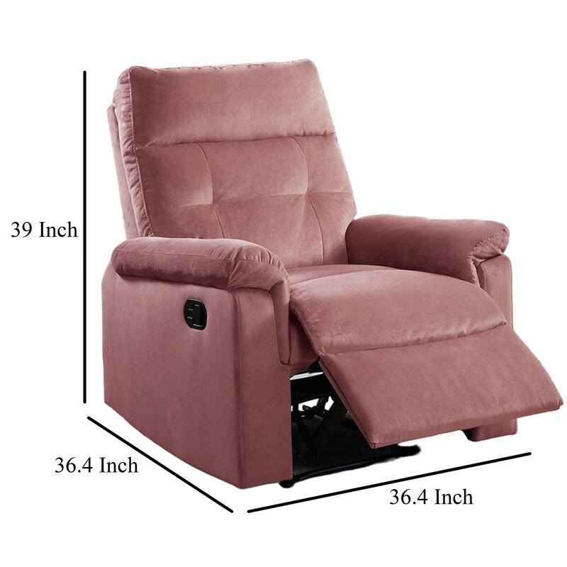 Jessy Manual Recliner Chair, Tufted Cushioned Rose Pink Velvet - Benzara