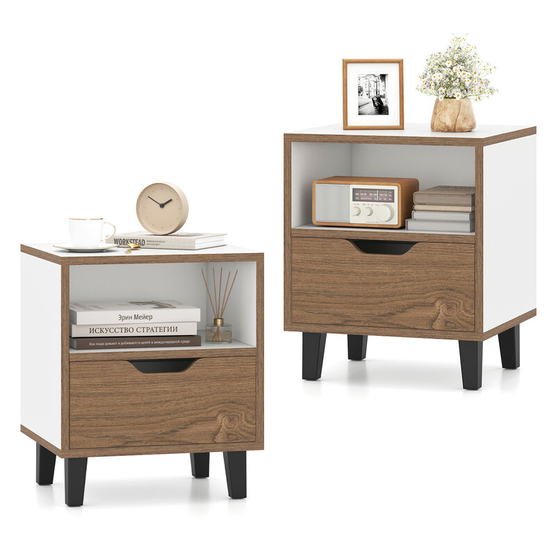 2 Piece Nightstand Set with Storage Drawer and Lower Shelf for Bedroom Essentials