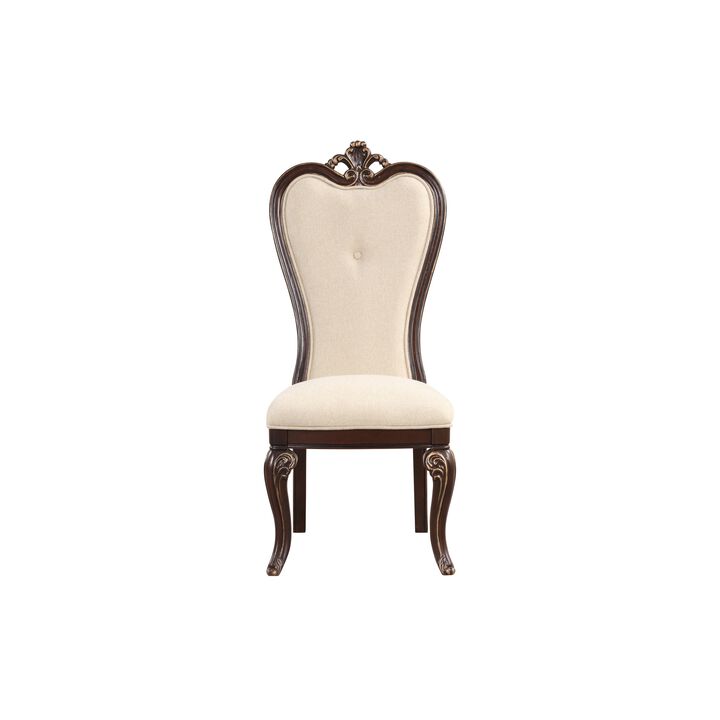 Mike 20 Inch Set of 2 Dining Chairs, Crown Top, Beige Fabric Brown Wood - Benzara