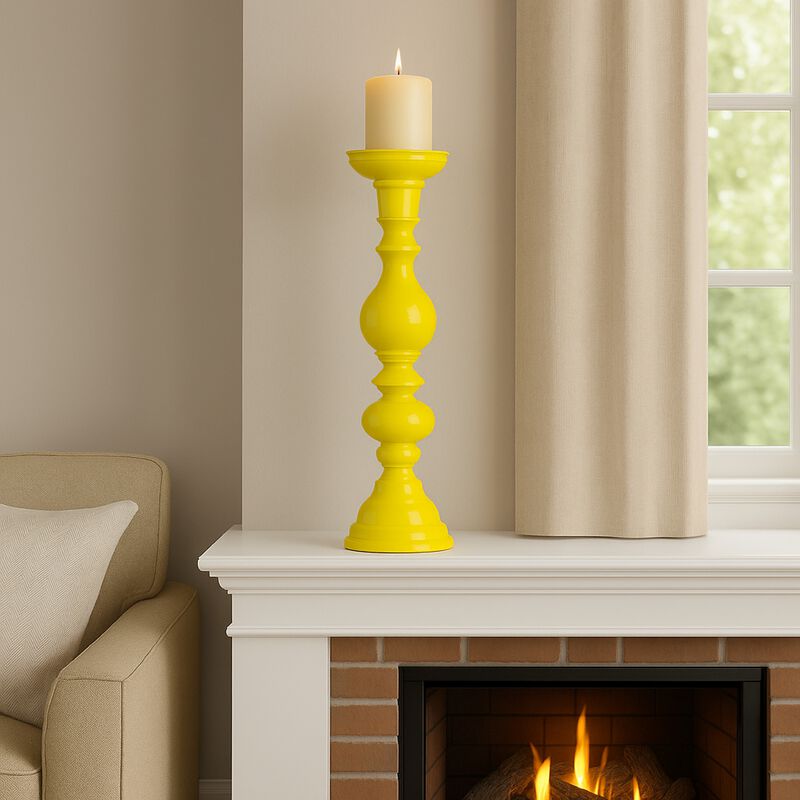 Naze Tabletop Candle Holder with Turned Accents, 23 Inch Yellow Resin - Benzara