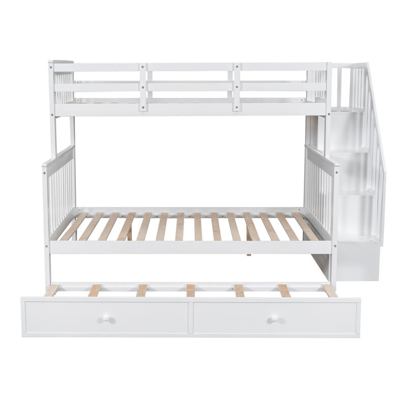 Twin Over Full Bunk Bed With Twin Size Trundle, Storage And Guard Rail For Bedroom