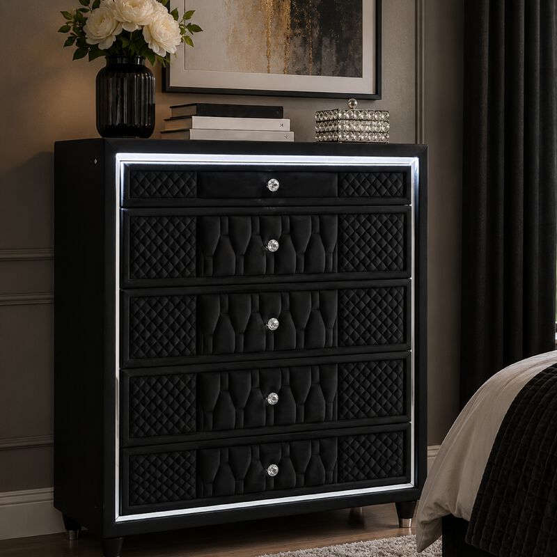 Maren Tall Dresser Chest, 5 Drawers and LED Light, Black Tufted Velvet image number 8