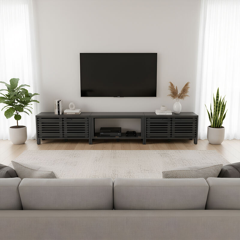 114" Modern Modular Black TV Stand, Entertainment Center with Storage Cabinet and Shelf for TV up to 98"
