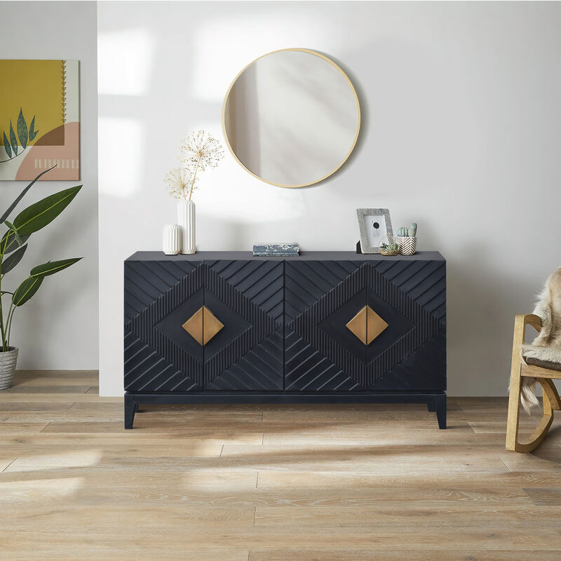 Abiel 55 Inch Sideboard Buffet Console with 2 Door Cabinet, Brass Coated Diamond Cut Handles, Matte Black Mango Wood