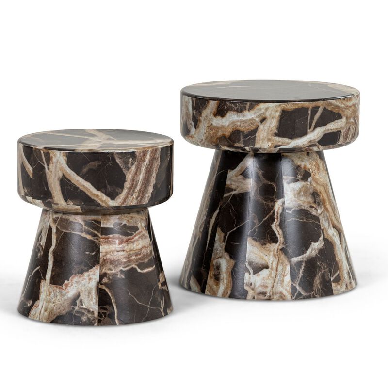 Cid Ria End Table Set of 2, Brown-White Faux Marble, Pedestal Base image number 0