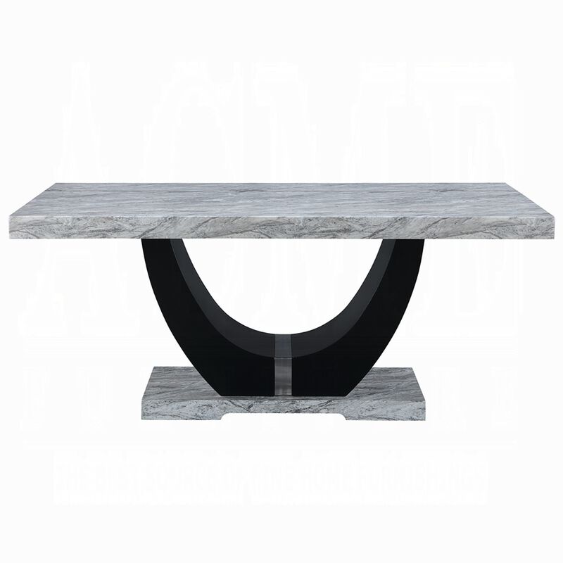 Aline Dining Table with Faux Stone Top, U-Shaped Base, Black 70 Inch