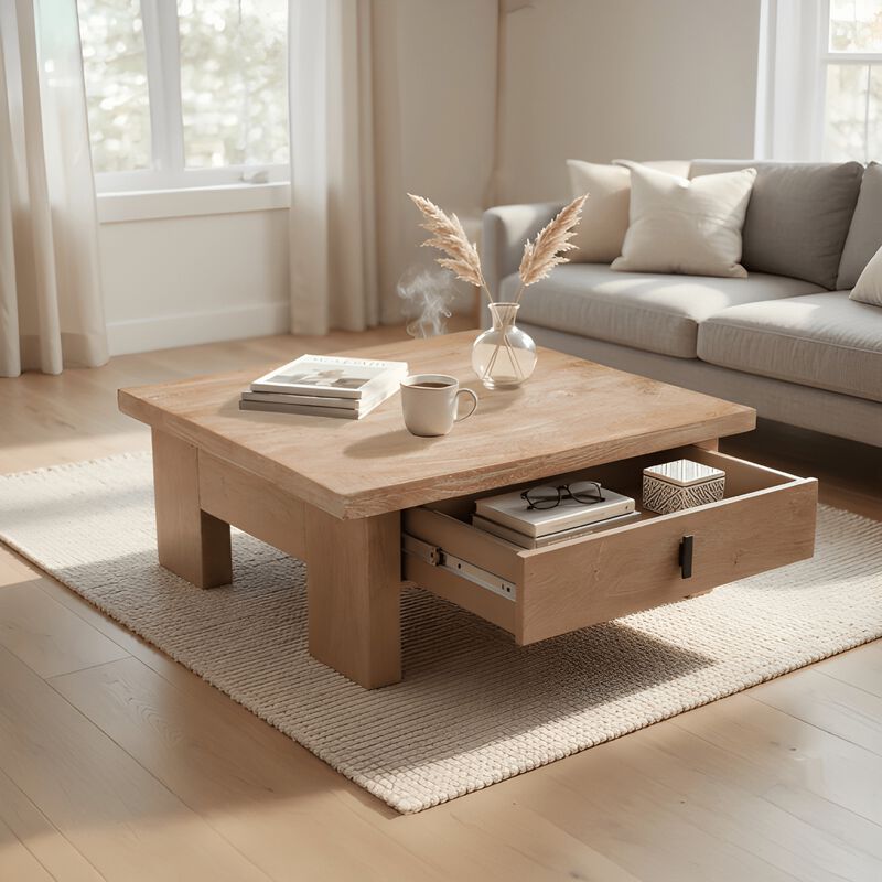 Les 36 Inch Square Coffee Table with Panel Legs, 2 Storage Drawers, Matte Brown Mango Wood, Black Handles image number 1