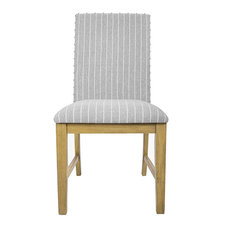 Tim Dining Chair Set of 2, Wood Apron Frame, Gray Striped Polyester