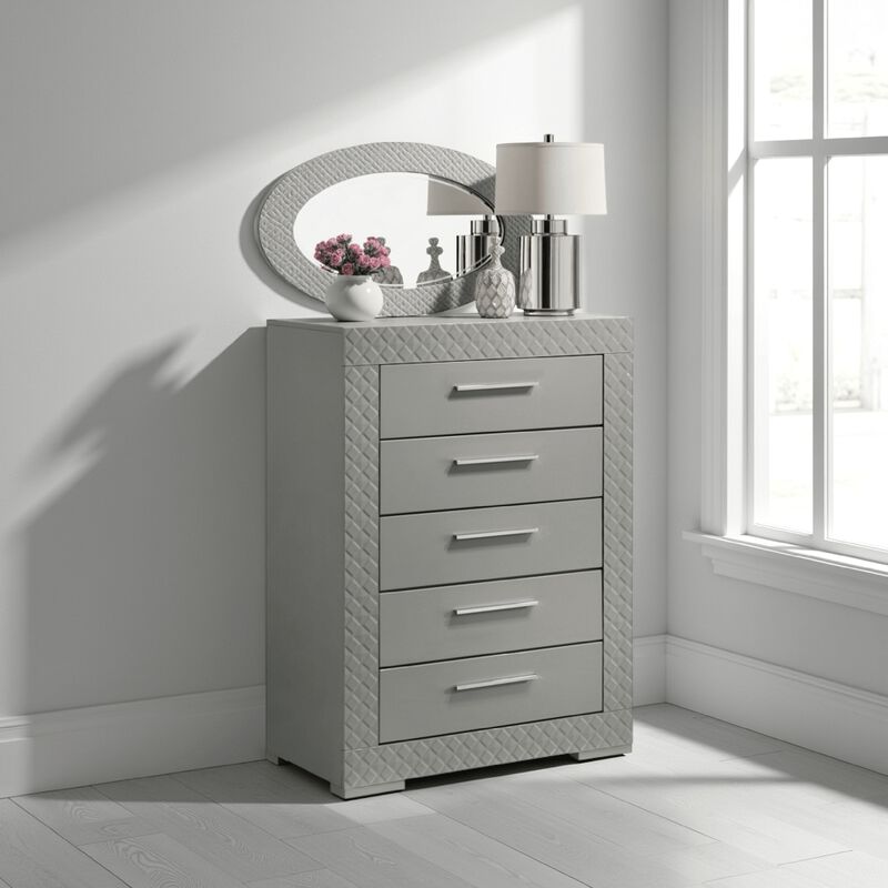 Ivon Tall Dresser Chest, 5 Drawers, Bar Handles, Gray Solid Hardwood - Benzara