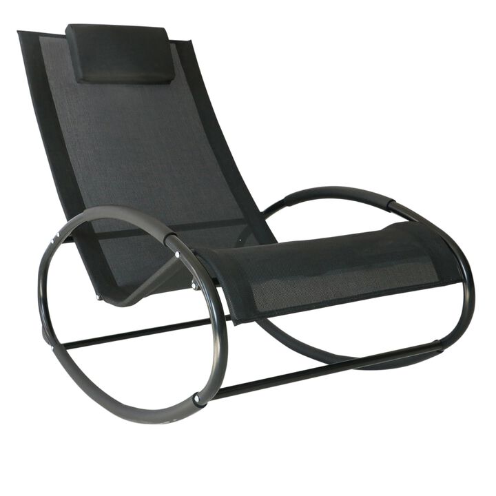 Black Patio Rocking Chair with Headrest Pillow and Breathable Fabric for Backyard, Living Room, Deck and Poolside