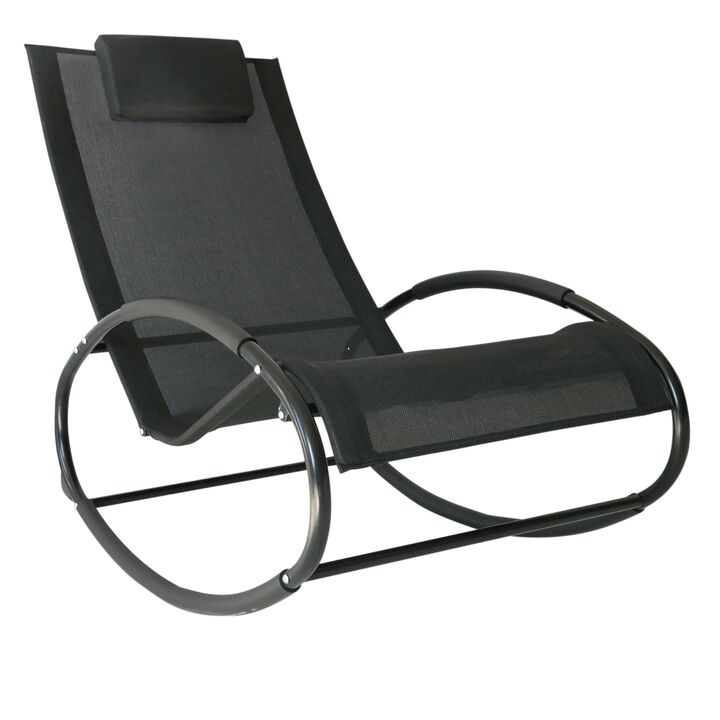 Black Patio Comfort: Rocking Chaise Lounger with Headrest & Breathable Fabric