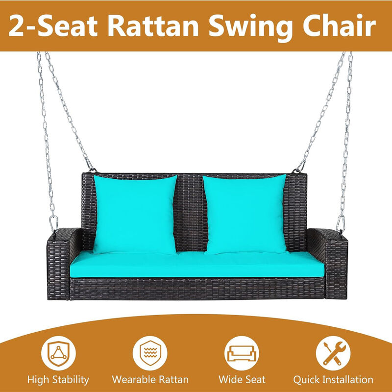 Mondawe 2-Person Wicker Hanging Porch Swing with 2 Back Cushions and 1 Seat Cushion