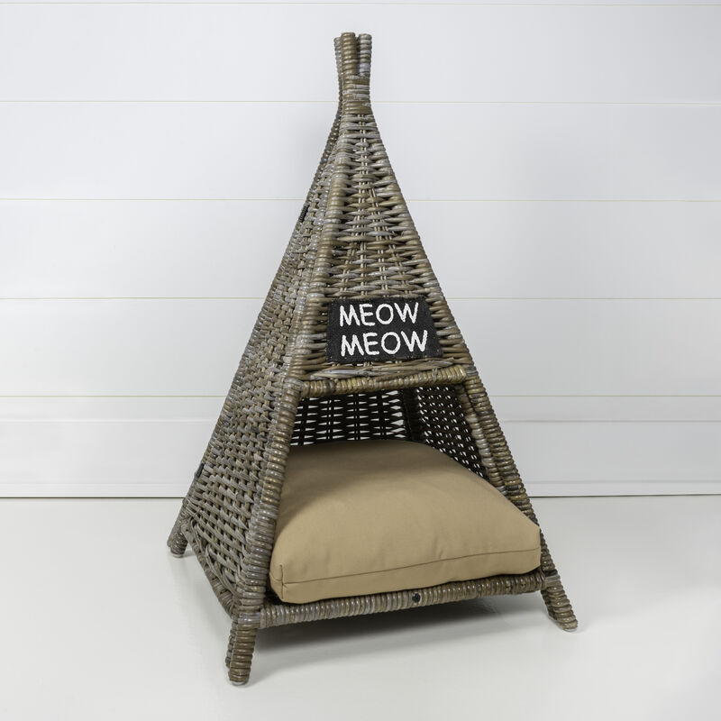 Tiki Tent Coastal Handwoven Rattan Cat Bed with Machine-Washable Cushion