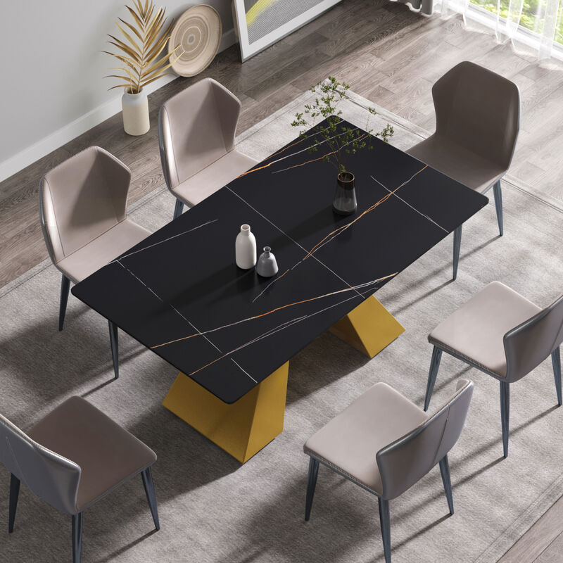 63" Modern artificial stone black straight edge golden metal leg dining table -6 people