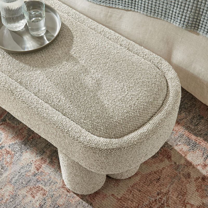 Modway Mossi 52-Inch Modern Oval Boucle Fabric Bench in Marble &ndash; Upholstered Accent Bench with Cylindrical Clover-Leg Base for Bedroom, Entryway, or Living Room image number 4