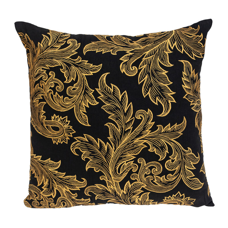 HomeRoots 22" Black and Orange Floral Cotton Throw Pillow With Embroidery image number 0