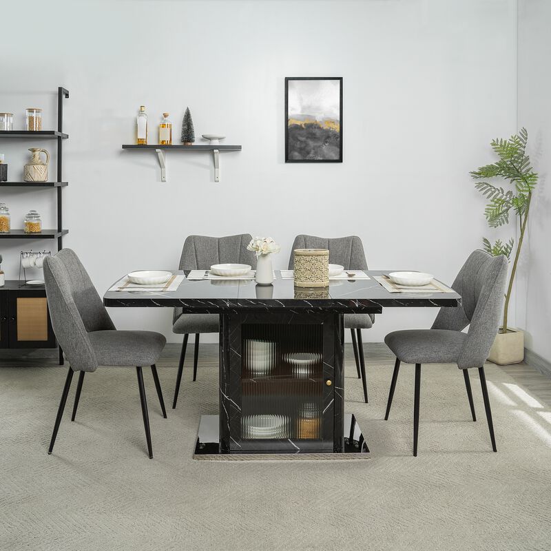 47.24"-63"Modern Rectangle Dining Table, Stretchable, with Printed White Marble Table Top+Storage Cabinet Table Leg with Metal Base image number 2