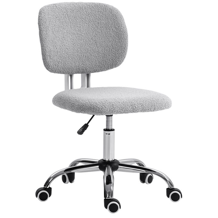 Vinsetto Cute Armless Office Chair, Teddy Fleece Fabric Computer Desk Chair, Vanity Task Chair with Adjustable Height, Swivel Wheels, Mid Back, Light Gray