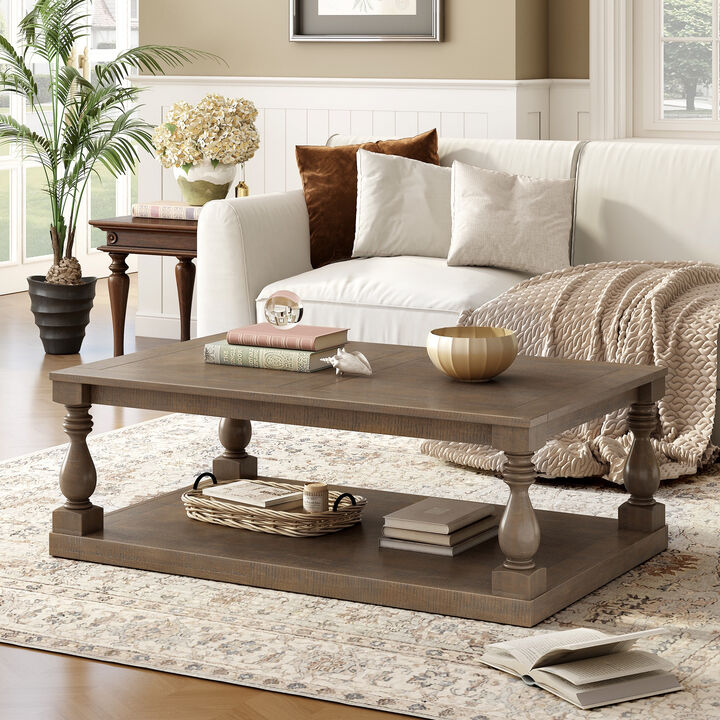 Vintage Rectangular Wooden Coffee Table with Vase Column Legs, Rustic Living Room Coffee Table