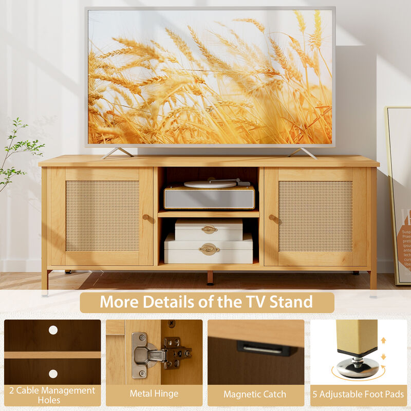 Boho TV Stand for TV up to 55 Inches with Faux Rattan Door-Natural