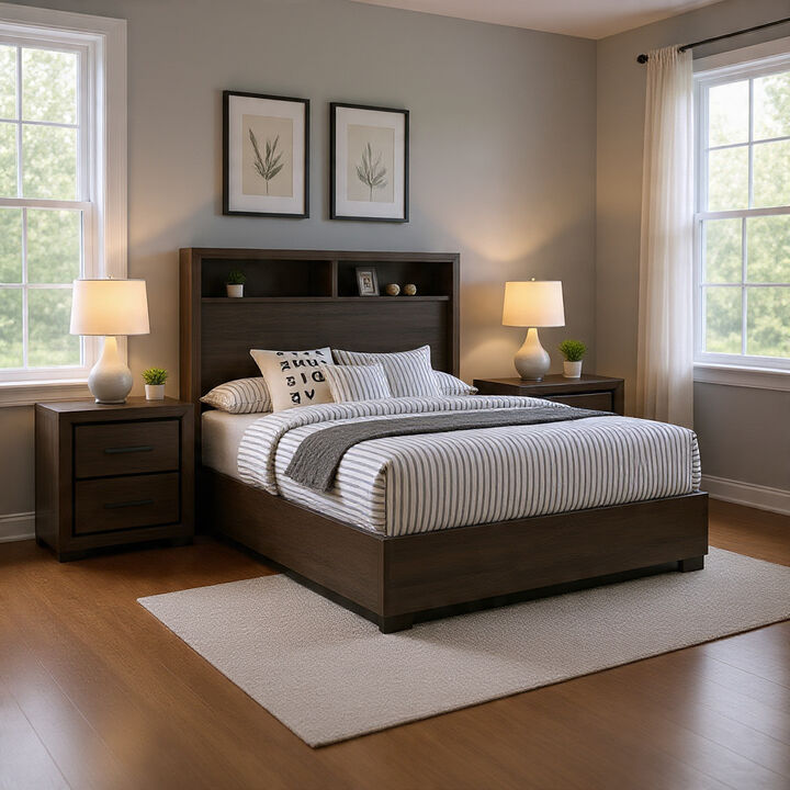 Queen Bedroom Set in Gray & Black Wood &ndash; 3 Piece Set with 2 Nightstands