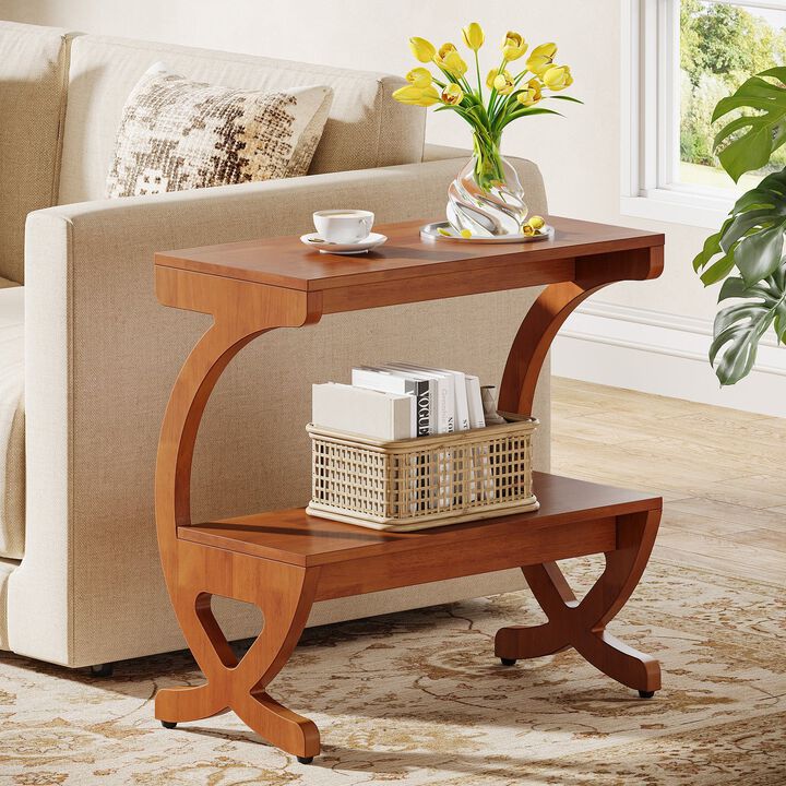 Narrow Solid Wood 2-Tier Side Table with Storage Shelf, End Table