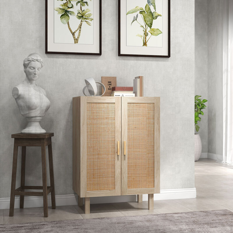 HOMCOM Sideboard Buffet Cabinet, Kitchen Cabinet, Coffee Bar Cabinet with 2 Rattan Doors and Adjustable Shelves, Natural