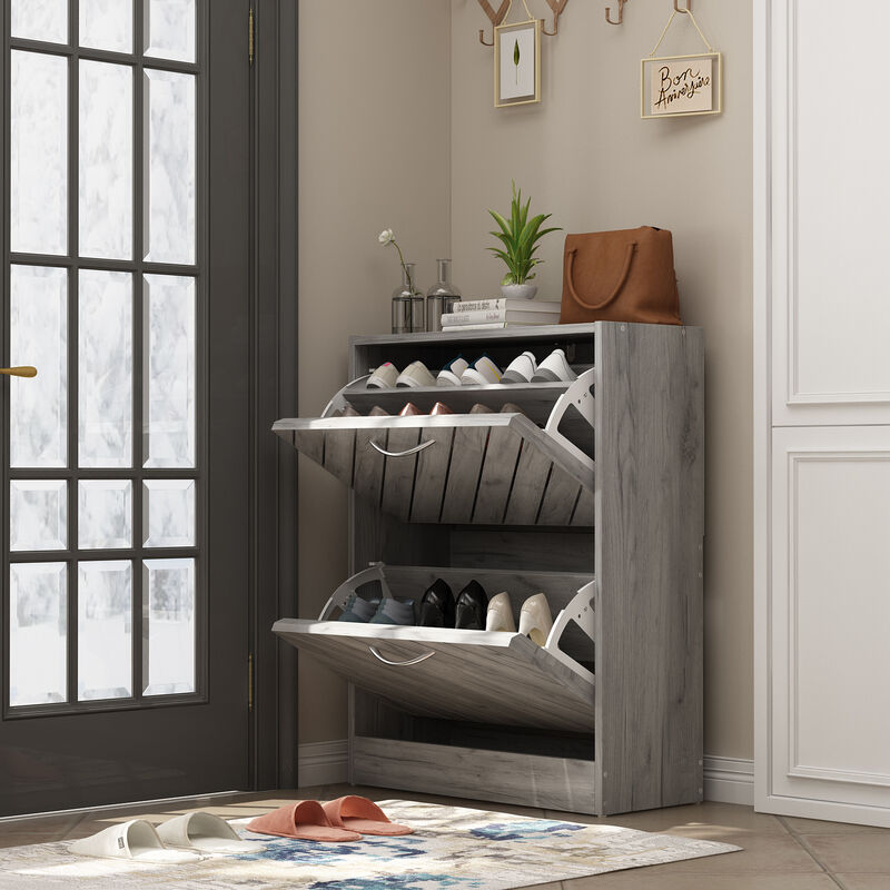 Gray 12-Pair Shoe Storage Cabinet with 2-Drawers and 4-Compartments and Wood Grain