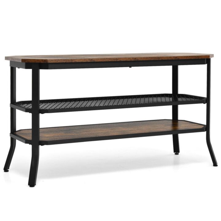 Hivvago 3-tier Console Table TV Stand with Mesh Storage Shelf-Rustic Brown