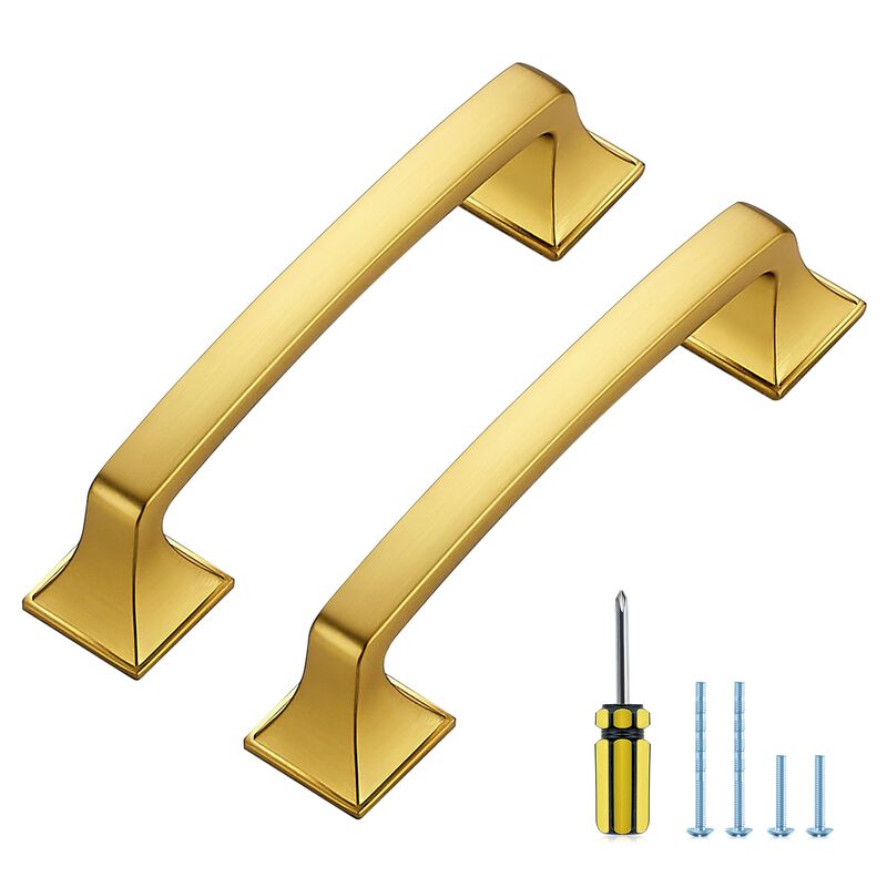 5 Pack Kitchen Cabinet Handles 3-3/4 Inch Hole Center Gold Cabinet Pulls Solid Drawer Pulls for Kitchen Cabinet Door Handles Arc