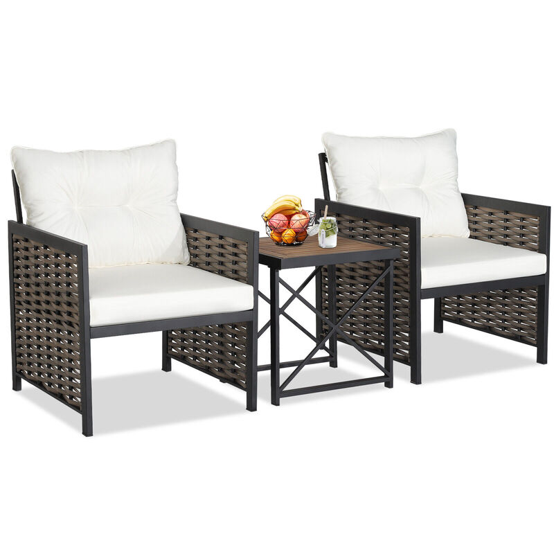 3 Piece Patio Rattan Furniture Set with Acacia Wood Tabletop