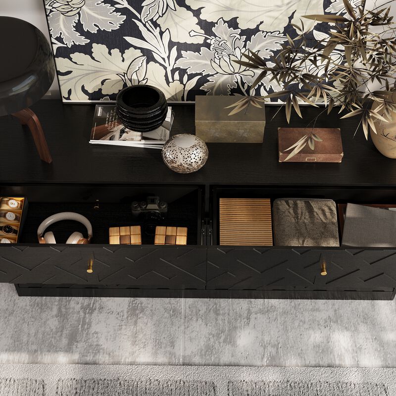 FUFU&GAGA Black 6-Drawer Storage Cabinet with Embossed Texture, Gold Tapered Pulls and Textured Finish, 63" W x 15" D x 32.3" H