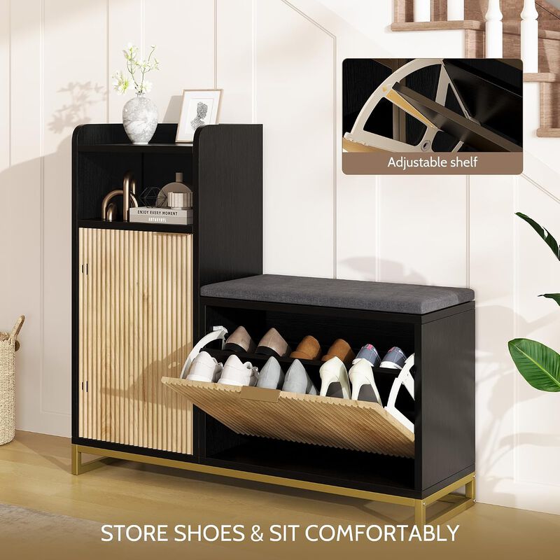 L-Shaped Shoe Storage Bench with Flip Drawer & Adjustable Shelves, 39" Entryway Bench with Thickened Padded Seat Cushion, Shoe Rack for Entryway image number 4