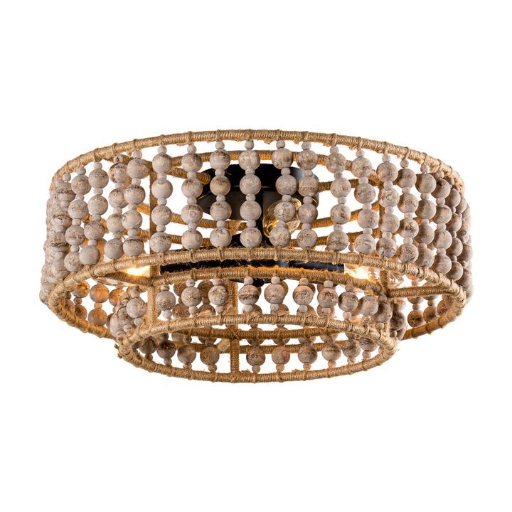 Boho 3-Light Drum Wood Beaded Flush Mount Ceiling Light