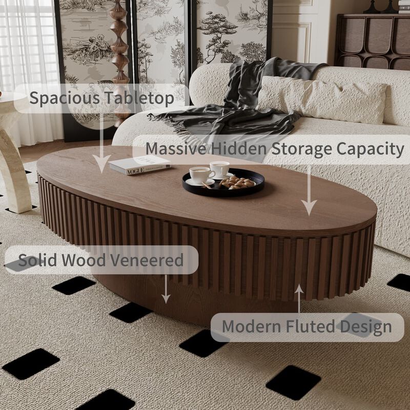 Oval coffee table with storage Solid wood veneer and MDF modern coffee table with fluted base Accent tea coffee table for living room image number 6