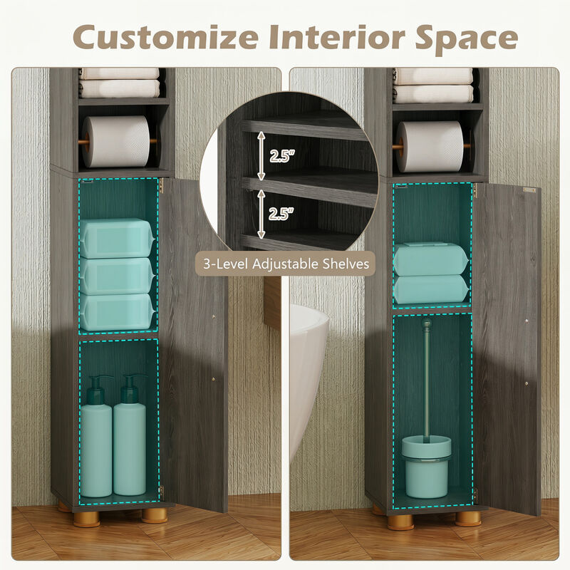 Freestanding Narrow Bathroom Cabinet with Open Shelves and Toilet Paper Holder image number 6