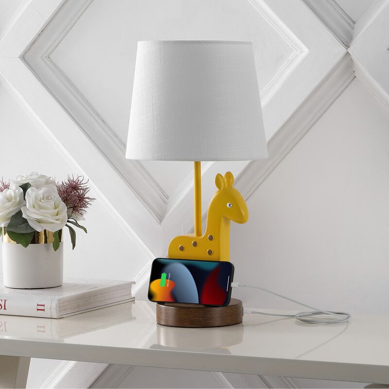 Sahara 17.5" Mid-Century Vintage Iron/Resin Giraffe LED Kids' Table Lamp with Phone Stand and USB Charging Port, Yellow