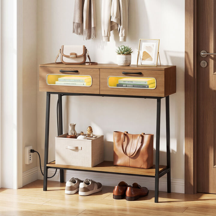 Entryway Console Table with LED Lighting and Open Display Shelf-Natural