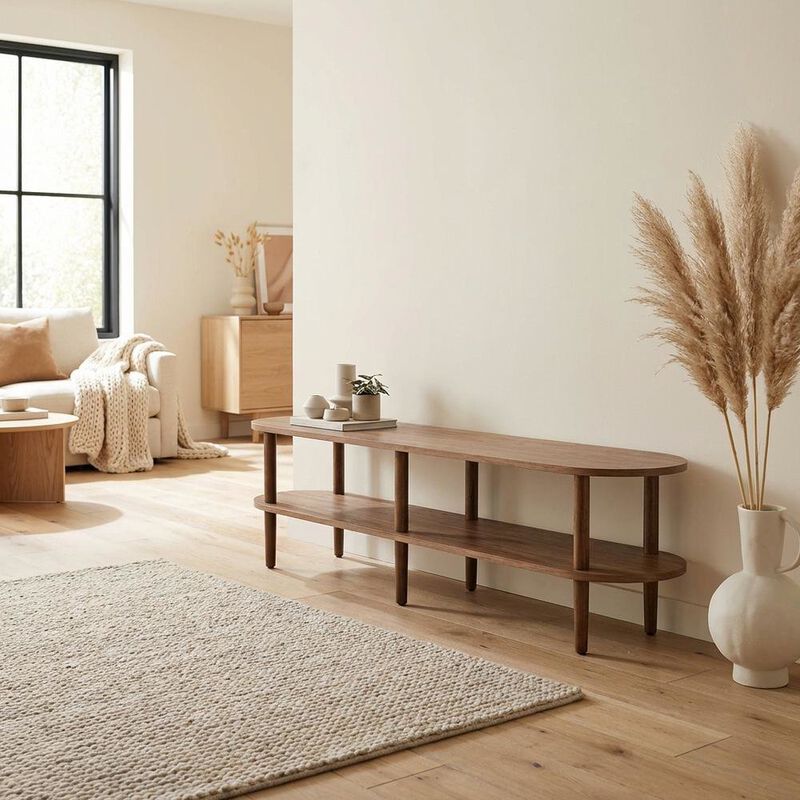 Brown wood TV stand with solid mango construction and oval design image number 4