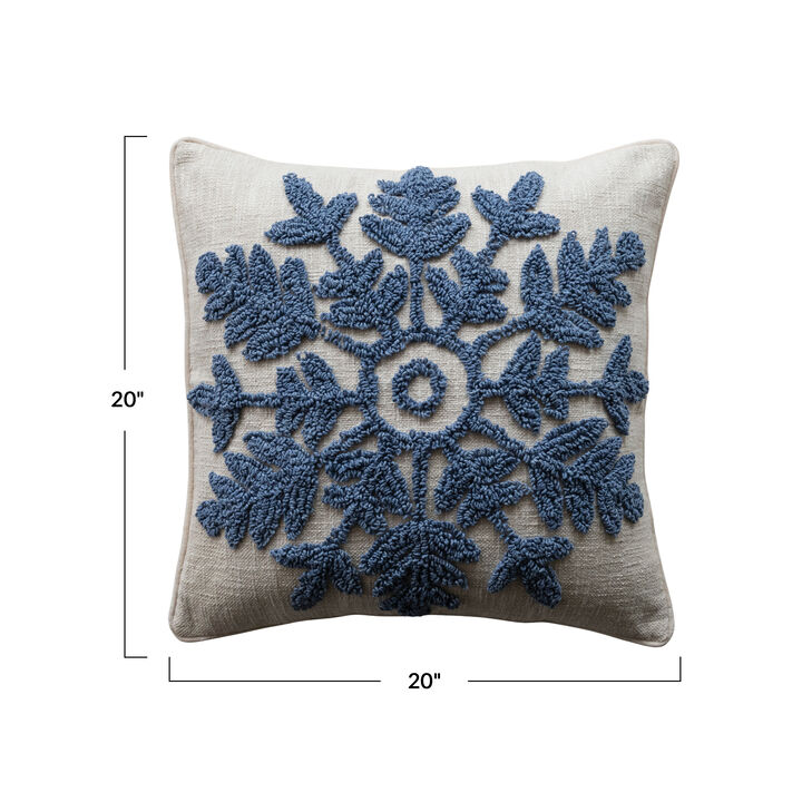 Tufted Cotton Snowflake Pillow with Velvet Piping, Blue & Natural