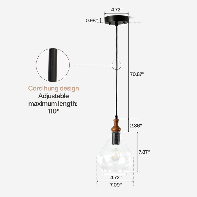 Farmhouse Seeded Glass Teardrop Pendant Lights, Wood Accent, Set of Three image number 2
