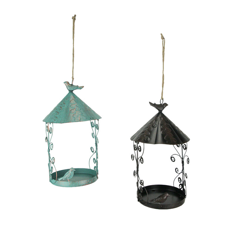 Rust Teal Metal Hanging Bird Feeder Outdoor Decorative Garden Seed Tray Set of 2 image number 0