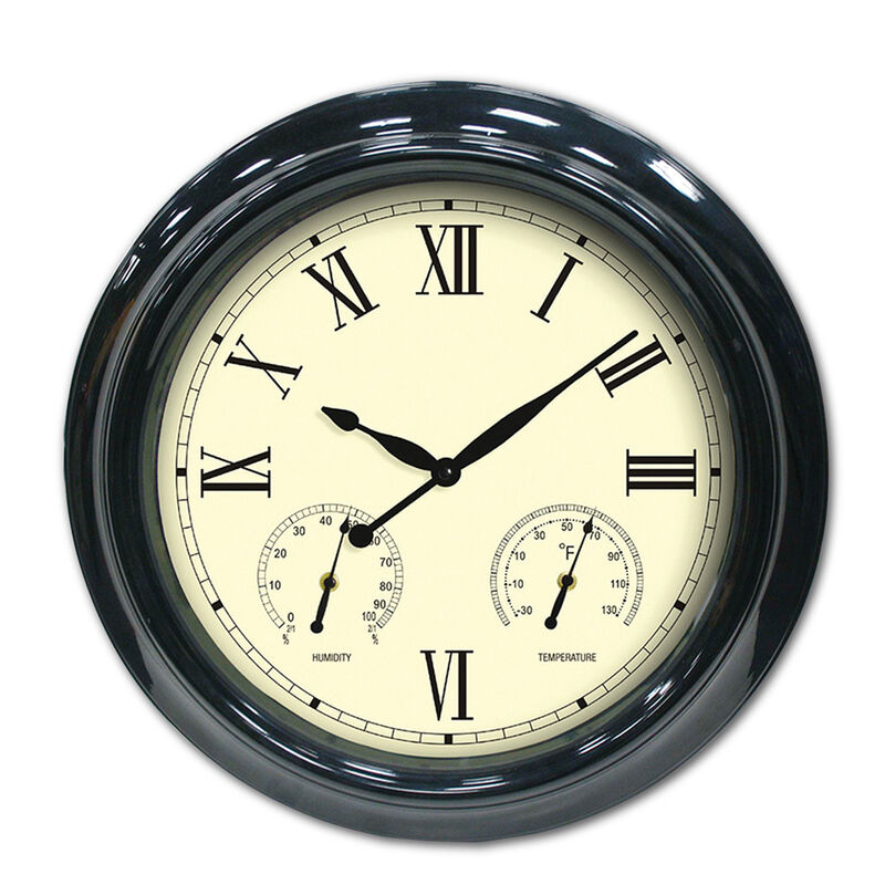 18" Black Outdoor Patio Wall Clock with Hygrometer and Thermometer
