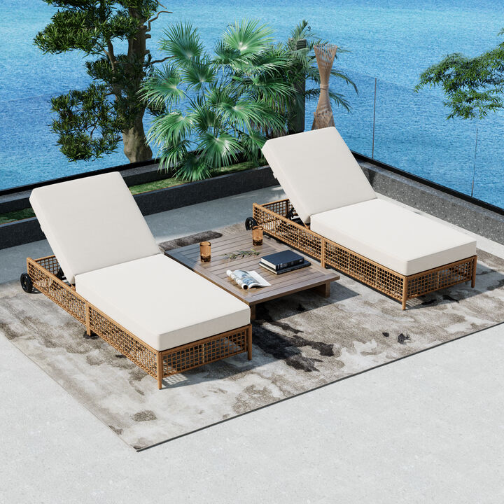 Whisen Rattan Outdoor Lounge Chair Set of 2, Patio Chaise Lounge with 5-Position Backrest