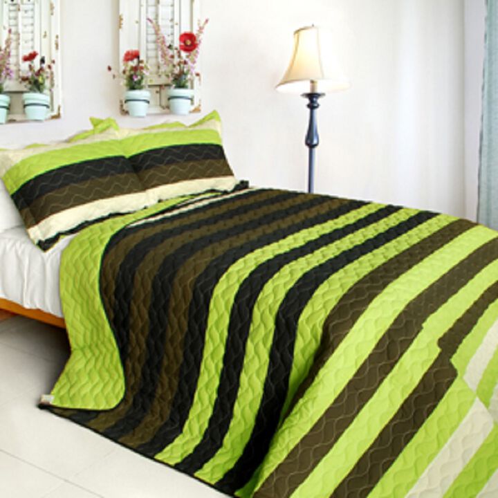 Patchwork Vermicelli Quilted Bedding Set 3-Piece for Cozy Bedroom Comfort-Olive Green
