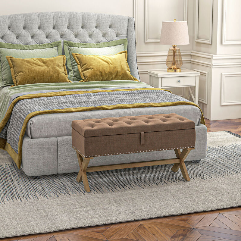 HOMCOM 35.75" End of Bed Bench with Button Tufted Design, Upholstered Ottoman Bench with Wood Legs for Bedroom, Brown