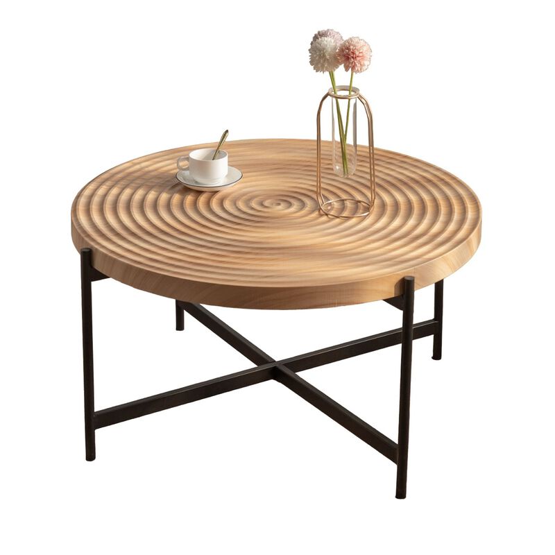 33" Modern Thread Design Round Coffee Table - MDF Table Top, Cross Legs Metal Base - Stylish, Contemporary Furniture