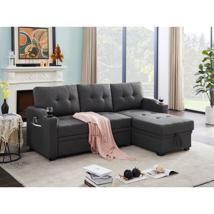 Mabel Dark Gray Linen Fabric Sleeper Sectional with cup holder, USB charging port and pocket