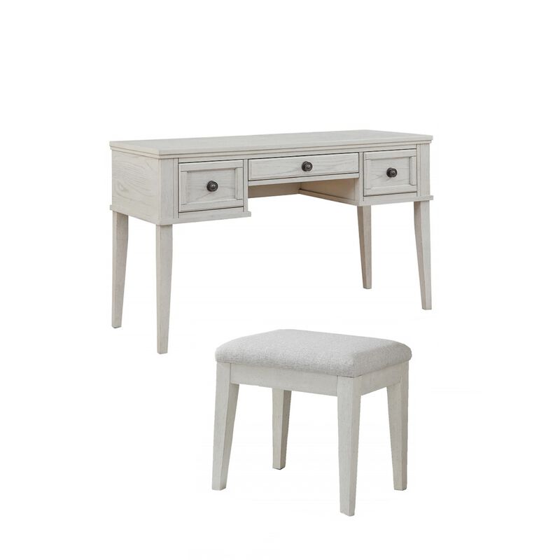 Lea Vanity Desk and Stool Set, 3 Gliding Drawers, Crisp White Wood image number 0