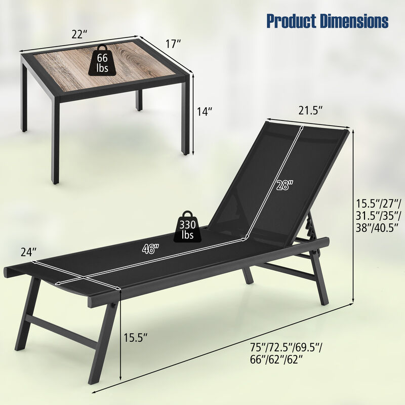 3 Piece Patio Lounge Chair Set with Table for Poolside, Garden and Backyard image number 2